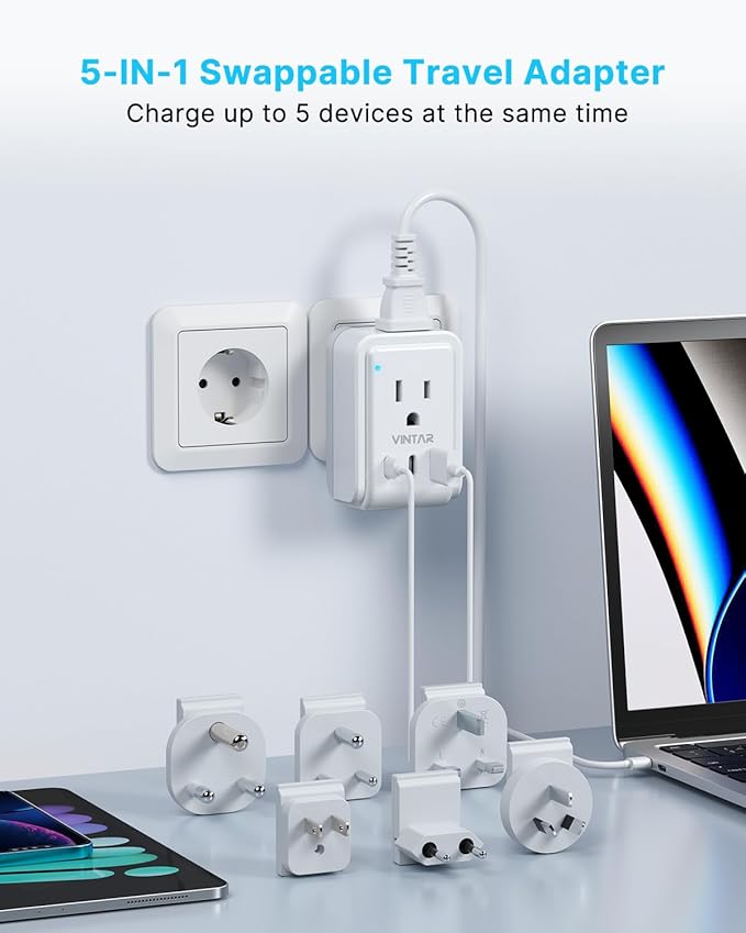 VINTAR Universal Travel Adapter Kit, 5ft Detachable Extension Cord with 2 AC Outlets & 3 USB(2 USB C), Type A/C/G/D/I/M International Power Adaptor for US to Europe UK India South Africa Japan