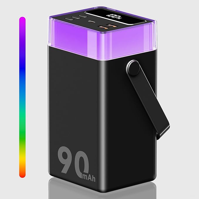 90000mAh Portable Charger Power Bank with 35W PD Fast Charging, 6 Ports & Built-in Cables, RGB Mood Light(12 Modes) &LED Camping Flashlight for Indoor/Outdoor Camping Home Travel Emergency