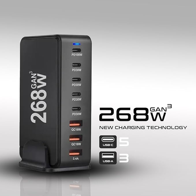 268W GaN USB Type C Charger 8 Ports Fast Charging Station PD QC4.0, USB C Laptop Charger Compatible with MacBook Pro/Air, iPads, Samsung Galaxy Note, iPhone 16/15/14/13/12 Mini/Pro/Pro Max