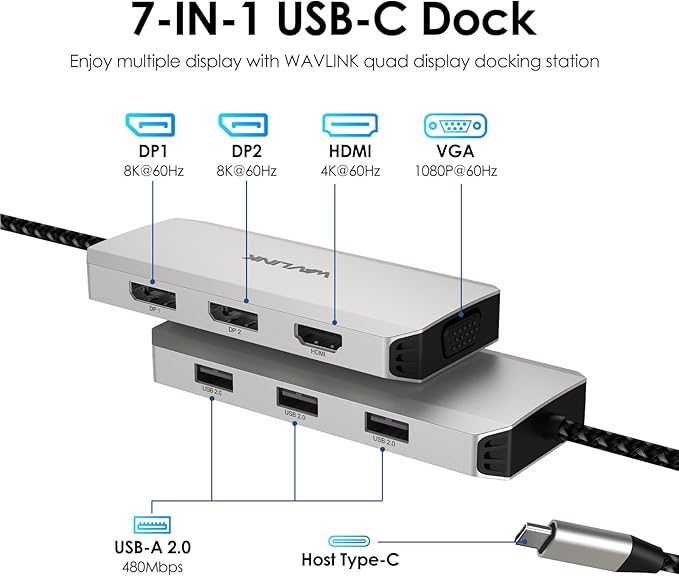 USB C Docking Station Dual DP Monitor, Displayport Docking Station with Dual DP, HDMI, VGA, USB2.0 Ports for Lenovo HP Dell, Windows System Computer