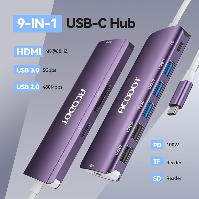 Acodot 9 in 1 USB C Hub - 4K@60Hz HDMI Adapter, 3 USB 3.0 Ports, SD/TF Card Reader, 100W PD, Multiport Adapter for MacBook Pro, Air, HP, XPS, Purple