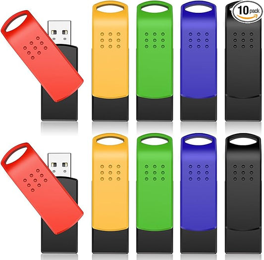 KEXIN 64G Flash Drives 10 Pack USB 2.0 Thumb Drives Bulk with LED Light - Stylish Colorful Pen Drive for Photo Video File Music - Green, Red, Black, Blue, Yellow