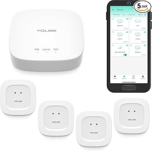 YoLink Water Leak Starter Kit: Hub + 4 Leak Sensor 1 (Silent), LoRa Long-Range, App/SMS/Email Alerts, D2D Offline Triggers, 2 AAA Up to 5-Year Battery, Works with Alexa/IFTTT/Home Assistant