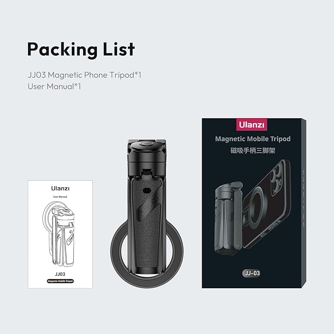 ULANZI JJ03 Magnetic Tripod for Phone with Remote Control, 3-in-1 Selfie Stick Handle Grip 360° Rotation Extendable Stand for iPhone Android Phones, for iPhone 17 16 15 14 13 12 Series