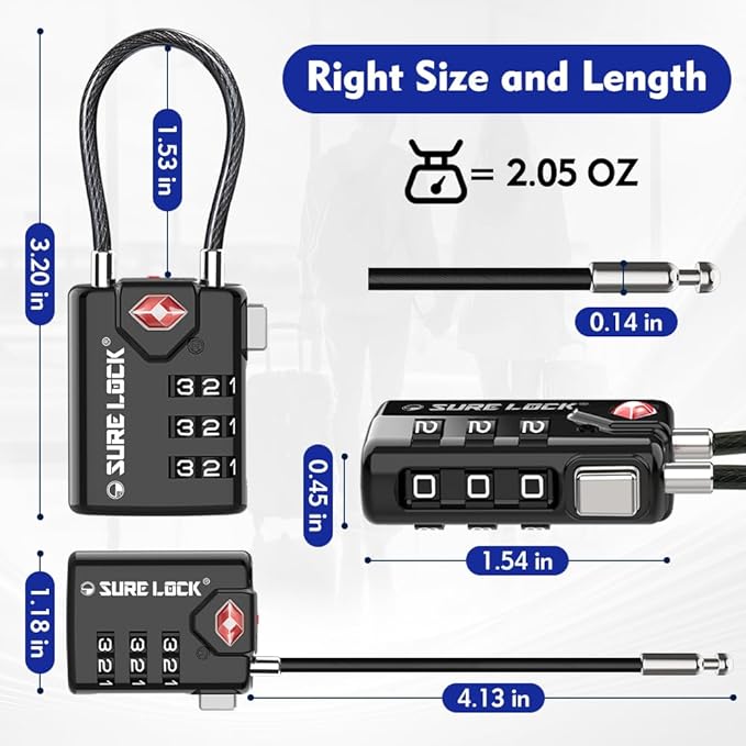 SURE LOCK TSA Compatible Travel Luggage Locks, Inspection Indicator, Easy Read Dials TSA Approved with Zinc Alloy Four Colour