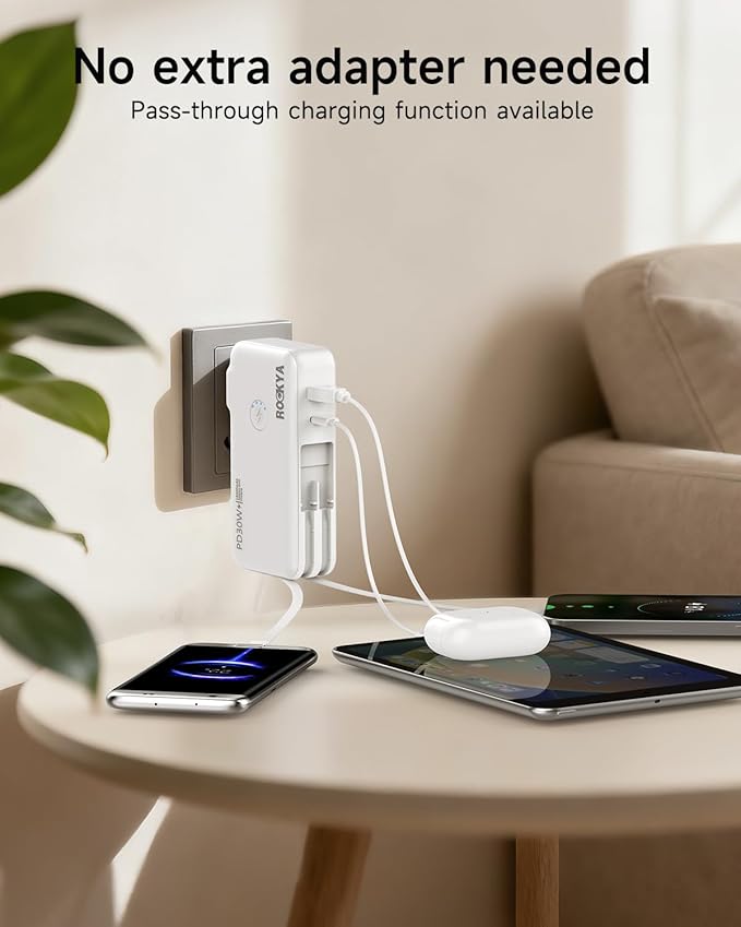 Portable Charger with AC Wall Plug and Built in Cables,PD 30W Fast Charging USB C Power Bank 16000mAh with 4 outputs,Travel Battery Pack Compatible with iPhone 16 15,MacBook,Pad,Samsung (White)