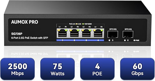 6 Port 2.5G PoE Switch,AUMOX PRO 4 Port 2.5G Network Unmanaged Switch with 2x10G SFP Gigabit Ethernet Unmanaged PoE Switch 75W,Compatible with 100/1000/2500Mbps Plug and Play