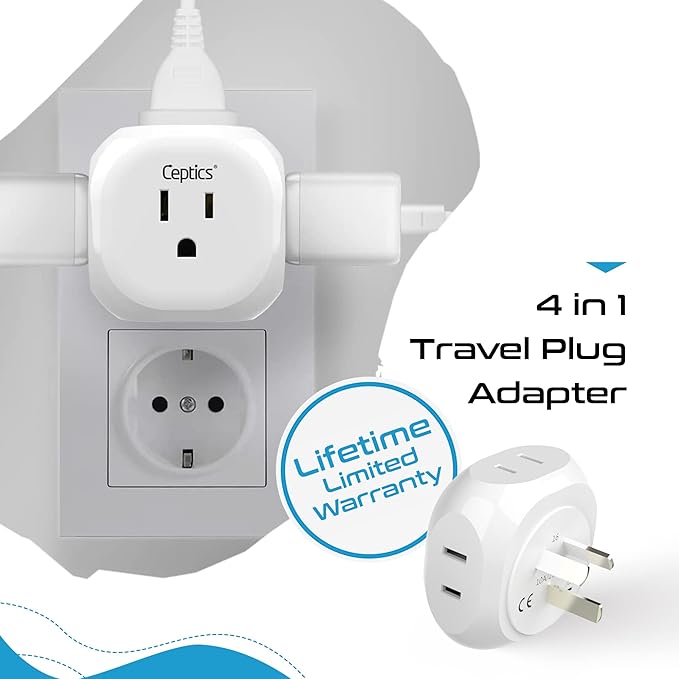 Ceptics Australia, New Zealand, China Travel Plug Adapter - 4 Input - Ultra Compact - Light Weight - USA to Any Type I Countries Such as New Zealand and More - 2 Pack (PT-16), White