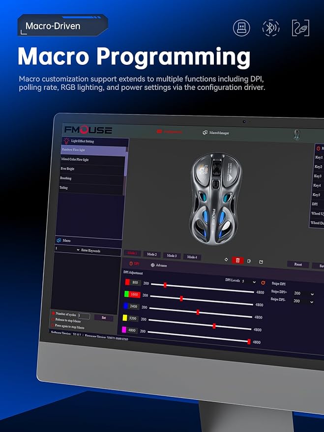 Wireless Gaming Mouse, Tri-Mode 2.4G/USB-C/Bluetooth Mouse, 800-4800 DPI, Ergonomic Optical Mouse Gamer, RGB & 6 Programmable Buttons, 65g, Rechargeable, for PC/Mac/Laptop