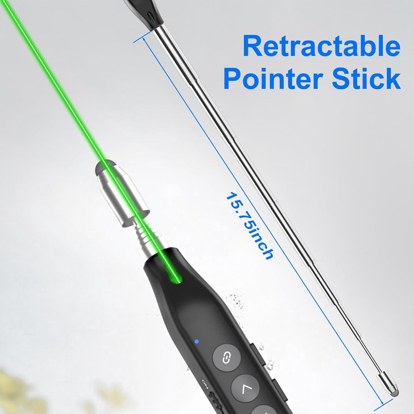 Presentation Clicker Telescopic Pointer: Powerpoint Remote Wireless Presenter Green Laser Stylus Pen for Touch Screen, Google Slide Smart Board Retractable Stick for Mac Computer (Rechargeable)