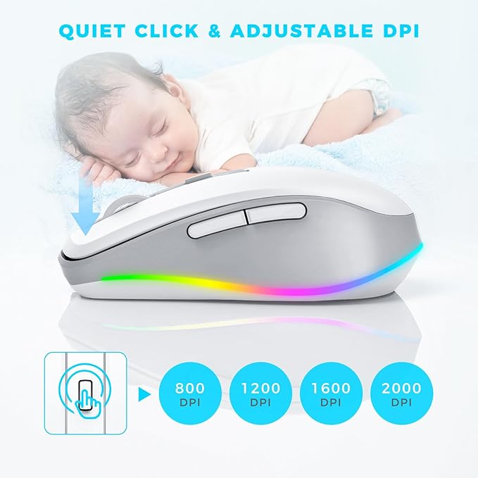 PEIOUS Wireless Mouse Jiggler - LED Wireless Mice with Build-in Mouse Mover, Rechargeable Moving Mouse for Laptop with Undetectable Random Movement Keeps Computers Awake - White & Grey