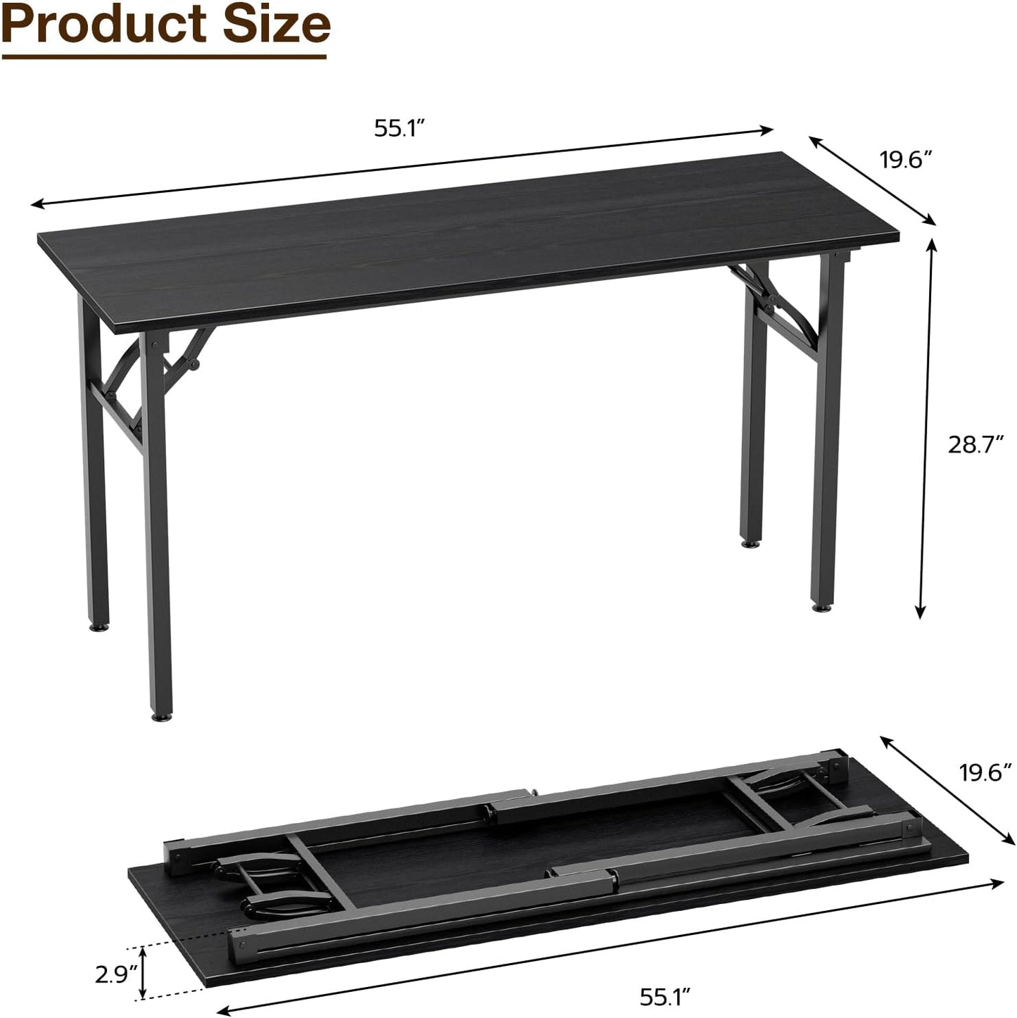TEMI Long Computer Desk Folding Table - 55.1" Foldable Office Desk, No Assembly, Perfect Writing Table for Bedroom or Apartment, Portable Large Desk or Study Table with Compact Design, Dark Oak