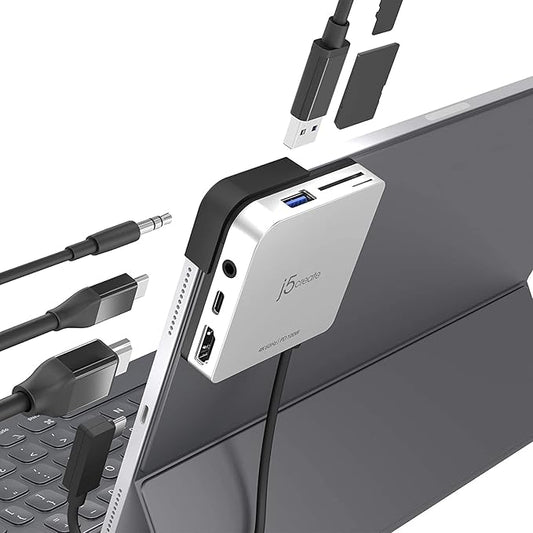 j5create iPad Pro USB C Hub- 6-in-1 Travel Dock for iPad Pro 12.9”/11”, with 4K@60Hz HDMI, USB C PD Charging 100W & Data, USB A 3.1, SD and microSD Card Reader, 3.5mm Headphone Jack (JCD612)