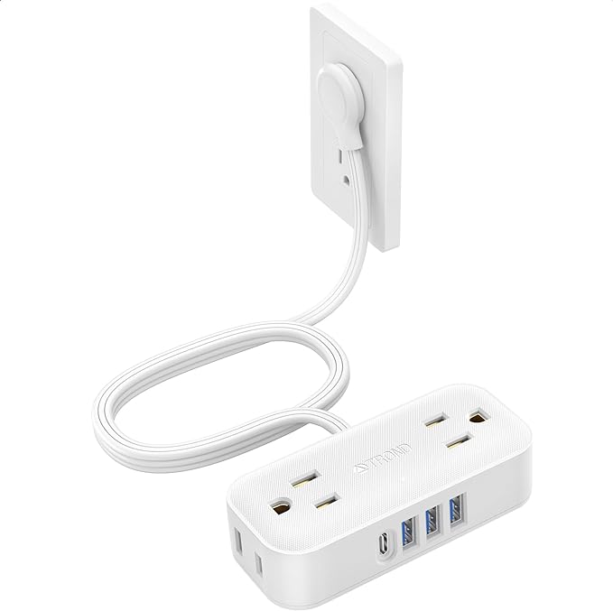 TROND Travel Power Strip with USB Ports, 5ft Flat Plug Extension Cord with Multiple Outlets, Small Wall Mount Extender Adapter for Office Dorm Room Essentials, White