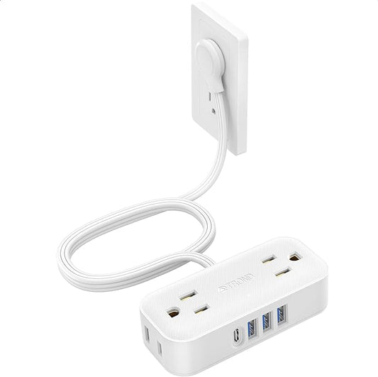 TROND Travel Power Strip with USB Ports, 5ft Flat Plug Extension Cord with Multiple Outlets, Small Wall Mount Extender Adapter for Office Dorm Room Essentials, White