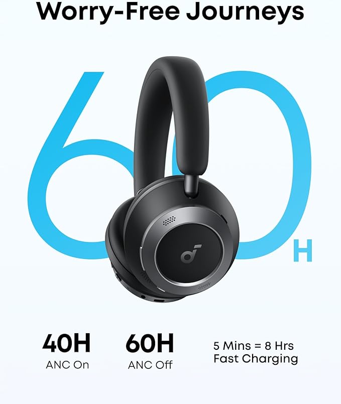 Soundcore Space One Pro, FlexiCurve Over-Ear Headphone, Adaptive Active Noise Cancelling Headphones Driven by 6 Mics, 60H Lossless Audio, Ultra-Fast Charging, Hi-Res Wireless, Comfortable Fit