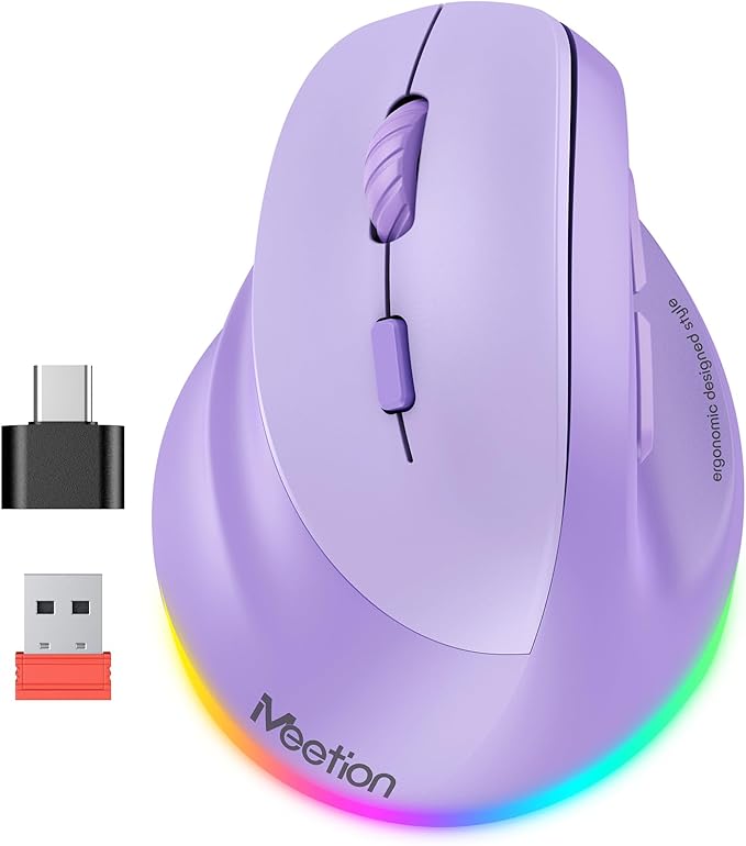 MEETION Left-Handed Mouse, Ergonomic Mouse Wireless Vertical Mouse, RGB Rechargeable Mice for Bluetooth(5.2 + 3.0) & USB-A with Type-c Adapter 4 Adjustable DPI for Mac/Windows/PC/Tablet/iPad Purple