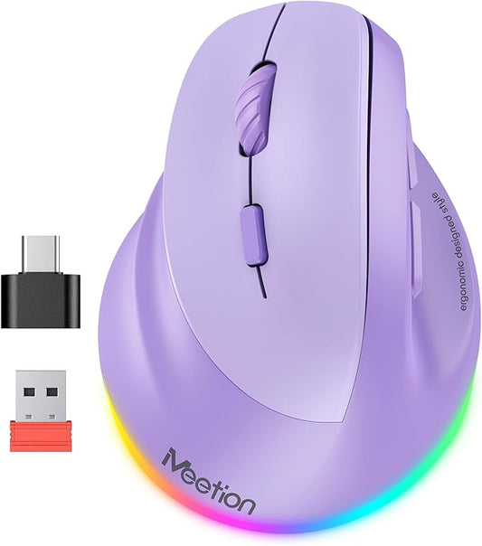 MEETION Left-Handed Mouse, Ergonomic Mouse Wireless Vertical Mouse, RGB Rechargeable Mice for Bluetooth(5.2 + 3.0) & USB-A with Type-c Adapter 4 Adjustable DPI for Mac/Windows/PC/Tablet/iPad Purple