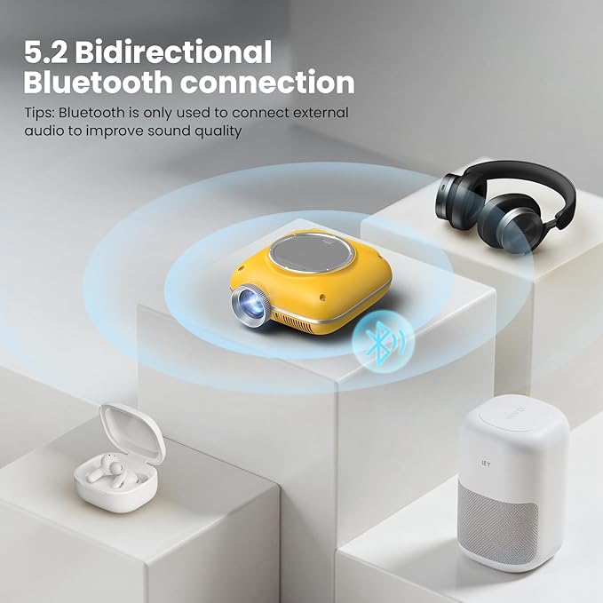 Mini Projector with Two -Way Bluetooth, Portable Projector for Home Theater Use, Support 1080P for Outdoor Projector/Movie Projector Compatible with HDMI, USB, Laptop, TV Stick (Yellow)