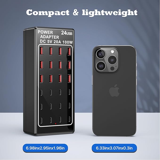 USB Charging Station Block, USB C Charger Station 24-Port 100W(20A), USB A Charger Block, Fast Charger Desktop Station, Multi-Function Smart Charger for Apple iPhone iPad Samsung Laptop Pixel