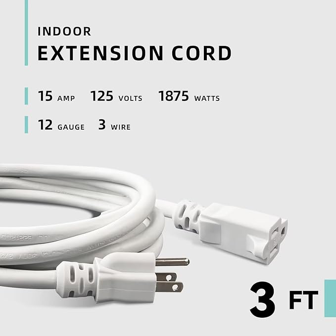 3ft Indoor Extension Cord - 12/3 SJTW Heavy Duty Extension Cable with 3 Prong Grounded Plug for Safety -15Amp 1875W White Electric Cord Great for Garden, Appliances