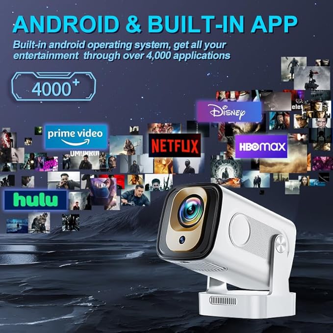 【Built-in Apps】Mini Projector 1080P with WiFi 6 and Bluetooth 5.4, 4K Full HD Projector Features Auto Focus & Keystone, Portable Projector Support 270° Rotatable, Compatible with Phone/HDMI/USB-White