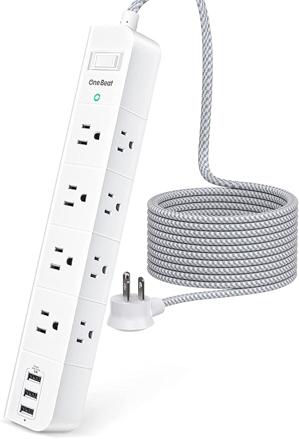 One Beat 5 ft Extension Cord,Power Strip Surge Protector 8 Widely AC Outlets 3 USB,Flat Plug, Desktop Charging Station with Overload Protection,Wall Mount for Home,Office,Travel,Computer ETL Listed