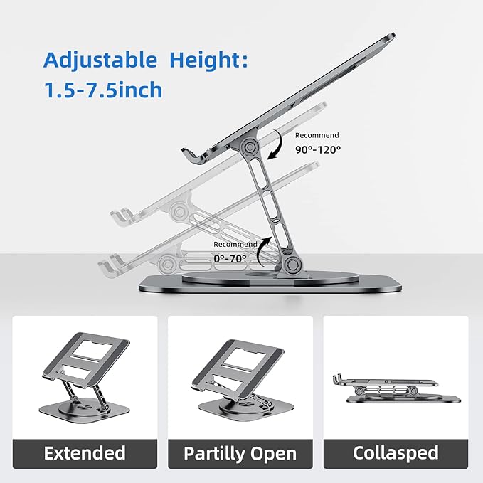 Laptop Stand for Desk, Ergonomic Laptop Riser with 360° Rotating Base, Aluminum Laptop Stand, Adjustable Foldable Laptop Holder Compatible with MacBook Air Pro, Dell XPS, 10-17" Laptops, Grey