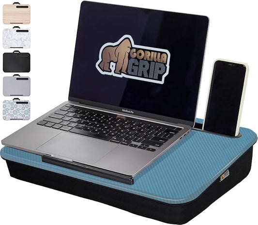 GORILLA GRIP Laptop Lap Desk with Phone Holder, Pillow Cushion Desks Fit Laptops up to 15.6", Tray Ledge Keep Computers in Place, Portable Travel Workstation Essentials for Home, Dorm Room, Blue