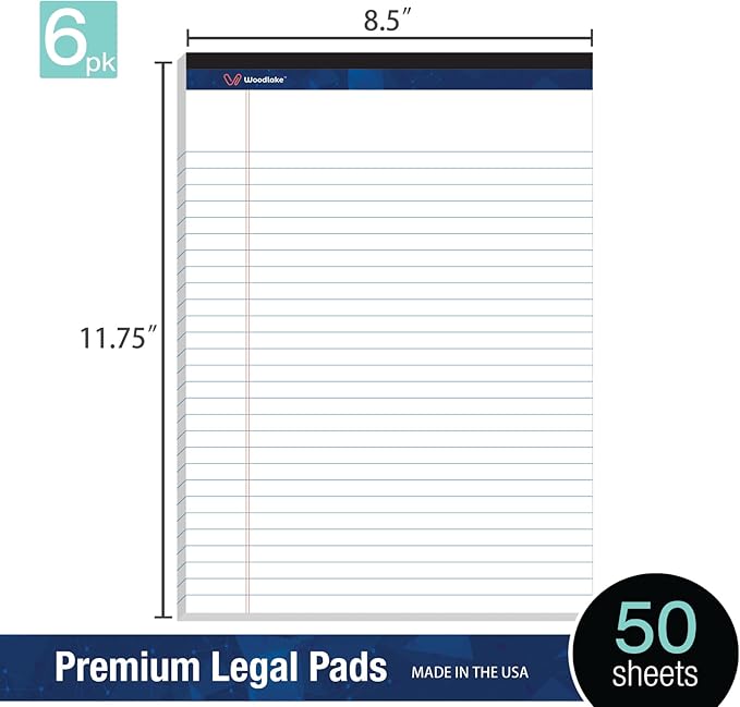 Woodlake Legal Pads 8.5 x 11 , 6 Pack, Wide Ruled Note Pad, Premium 60 GSM White Paper Pad, No Ink Bleed, Micro‑Perforated Notpad, Sturdy Chipboard Back, 50 Sheets/Pad,for School, Office & Home, Made in USA