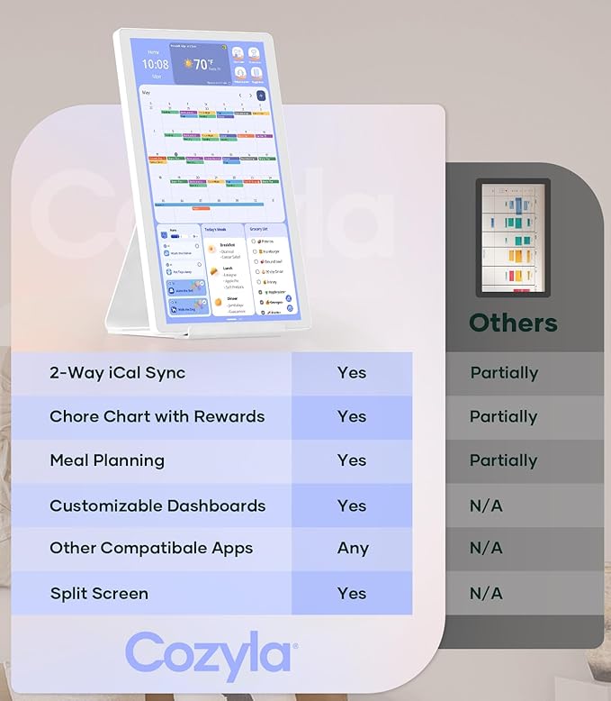 Cozyla Digital Calendar+ 2: 15.6'' Wall Planner Touch Screen Chore Chart Customize Dashboard Smart Electronic Calendar for Family Schedules Meal Planner Support App Store w/Stand Wall Mount White