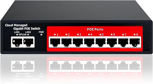 STEAMEMO 10-Port Gigabit Managed PoE Switch, 8 PoE+ Ports@120W, 2 Uplink Ports, VLAN, PoE Scheduler, Fanless, Plug and Play, Sturdy Metal, Desktop and Wall-Mount