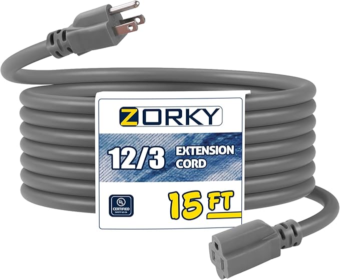 15ft Indoor Outdoor Extension Cord - 12/3 SJTW Heavy Duty Extension Cable with 3 Prong Grounded Plug for Safety -15Amp 1875W Gray Electric Cord Great for Garden, Appliances