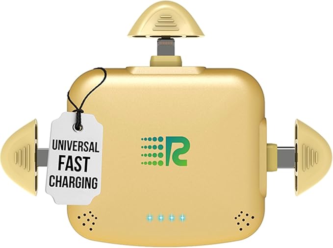 Rush Charge Universe 3 in 1 Portable Charger – 3300mah, 2.4A High-Speed Fast Charging Compatible with iPhone and Android Lightning, Type C, Micro-USB Charges 3 Devices at a Time Pre-Charged RC33 Gold