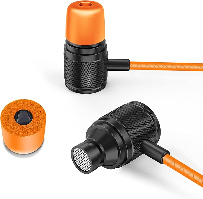 LUDOS Ultra Wired Earbuds in-Ear Headphones, 5 Years Warranty, Earphones with Microphone, Noise Isolating Ear Buds, Memory Foam for iPhone, Samsung, School Students, Kids, Women, Small Ears - Orange