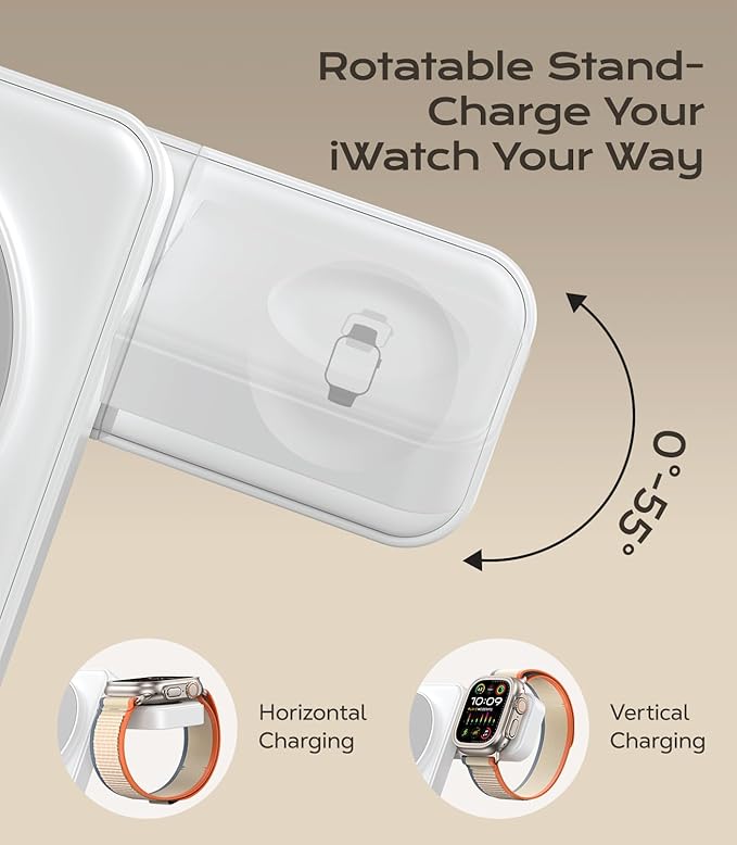 3 in 1 Magnetic Charging Station, 15W Fast Wireless Charger Compatible with MagSafe Charger Stand for iPhone 17 16 15 14 13 12, Apple Watch Charger & AirPods, Foldable Travel Charging Dock, White