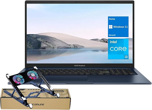 ASUS Vivobook 17.3'' FHD Laptop, Intel Core i3-1215U, 8GB RAM, 512GB SSD, Webcam, Touchpad, HDMI, Wi-Fi, Windows 11 Home, Blue, Bundle with PCO Notebook Folding Radiator, Laptop Cooler
