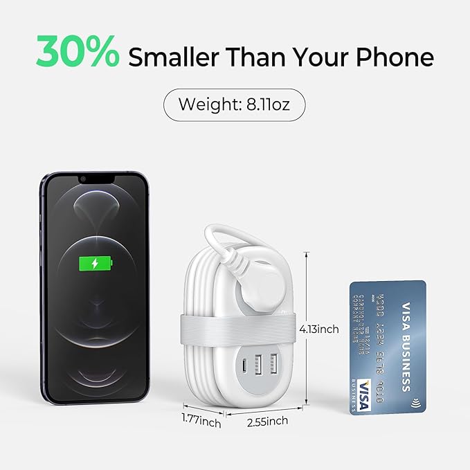 ORICO Travel Power Strip, 3.7FT Small Extension Cord, Portable Power Strip Flat Plug with 2 AC Outlets 3 USB Ports (1 USB C), Multi Plug Extension Cord for Travel, Cruise, Office, Hotels