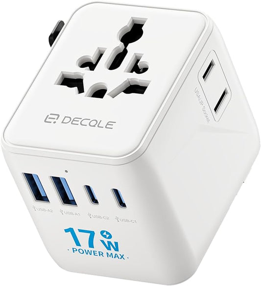 Universal Travel Adapter, International Travel Plug Adapter with 2 USB-C ＆ 2 USB-A Ports, with Extra 2 Prong AC Outlet All in One Portable Socket, for USA, UK, EU, AU ＆ 224+ Countries (White)