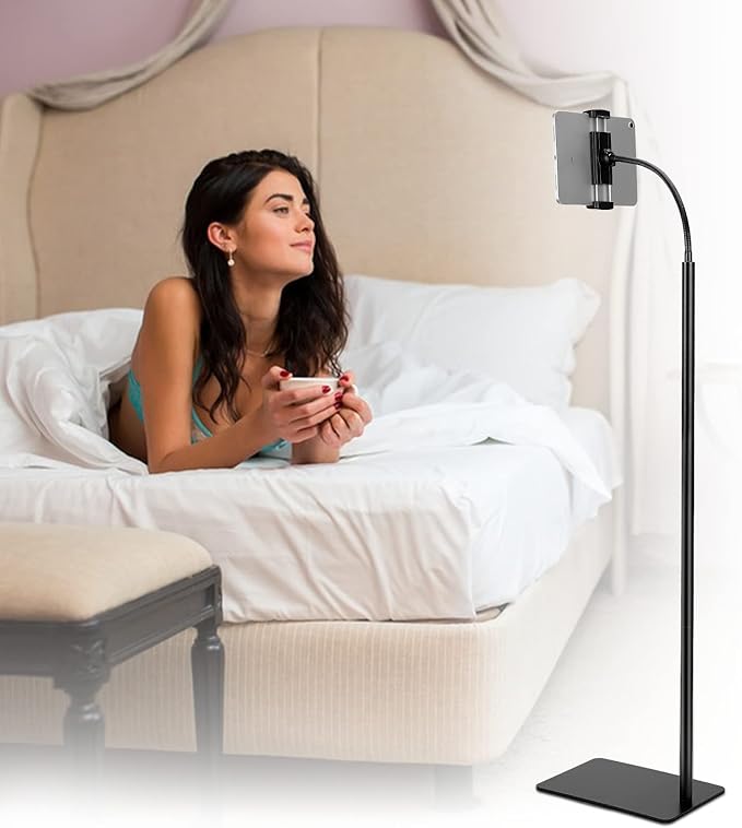 iPad Stand, Adjustable Tablet Floor Stand Metal Tablet Holder with Flexible Gooseneck, Compatible with iPad, Kindle, and Cell Phones (4.7''-13''), Ideal for Hands-Free Use