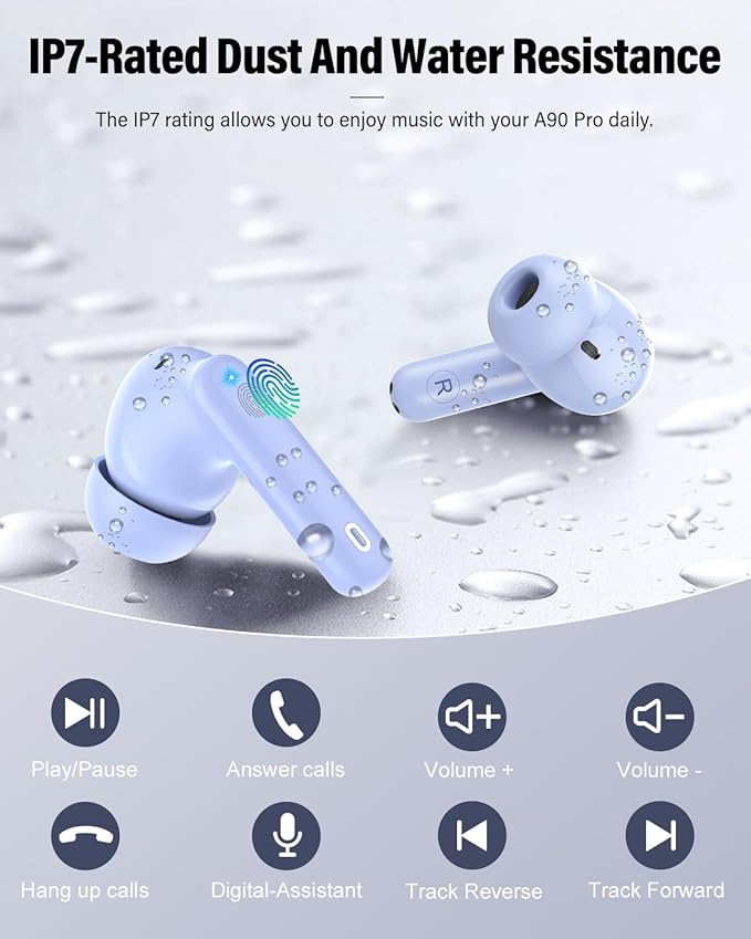Wireless Earbuds, Bluetooth 5.4 Headphones Bass Stereo, Ear Buds with Noise Cancelling Mic, LED Display in Ear Earphones Clear Calls, IP7 Waterproof Bluetooth Earbuds for Laptop/Phones, Pale Blue