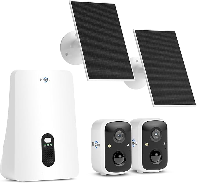 Hiseeu Security Cameras Wireless Outdoor, 2 Cam-Kit, Expandable to 10CH, No Monthly Fee, Solar-Powered, Home Security Cameras System with 2K Color Night Vision, Easy Setup, 2.4G & 5G WiFi