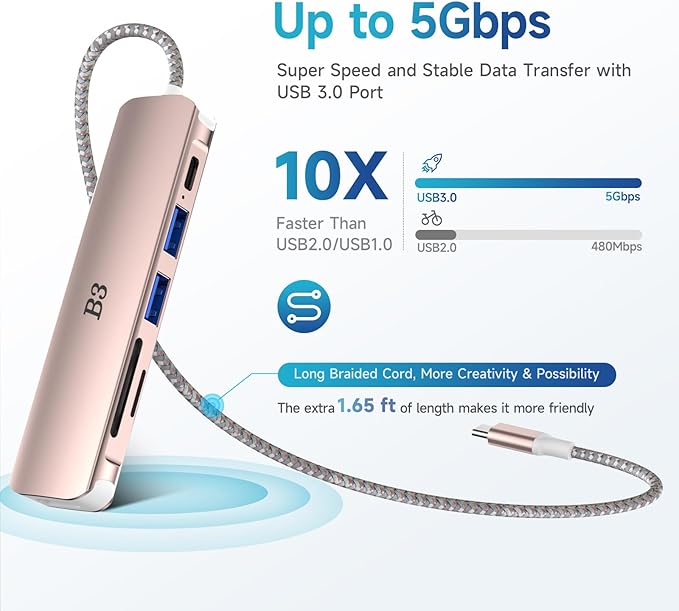 USB C Hub HDMI Adapter for MacBook Air Pro, 6 in 1 4K Dongle Multiport Converter with 50cm Cable, USB 3.0 5Gbps Data Transfer, 55W PD, SD/TF Card Slotfor Mac M1 M2 PC Laptop