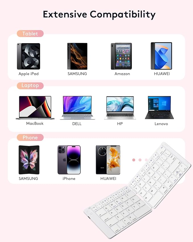 Samsers Foldable Bluetooth Keyboard - Portable Wireless Keyboards with Stand Holder, Rechargeable Full Size Ultra Slim Folding for iOS Android Windows Smartphone Tablet and Laptop, White-Pink