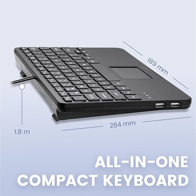 Perixx PERIBOARD-425 US Wired Mini USB Keyboard with Touchpad, X Type Scissor Keys, White Backlit, 2 USB Hubs, Compact 11.18x7.17x1.1 Inches, US English