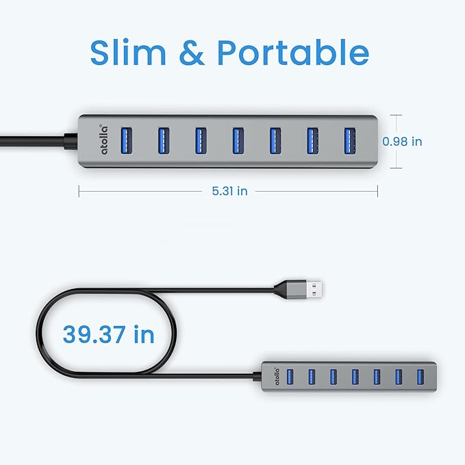 USB 3.0 hub, atolla 7-Port Multi USB Aluminum hub, 1m Extension Cable USB Splitter, Suitable for PC, Laptop, MacBook Pro, etc.