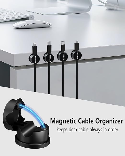 Magnetic Cable Clips 360° Rotation Cord Holder, 6Pack Cord Organizer 1s Lock Cable Smooth Adjustable Desk Organizers and Accessories, Adhesive Cord Clips for Nightstand,Phone,Wall,Car,Home Office