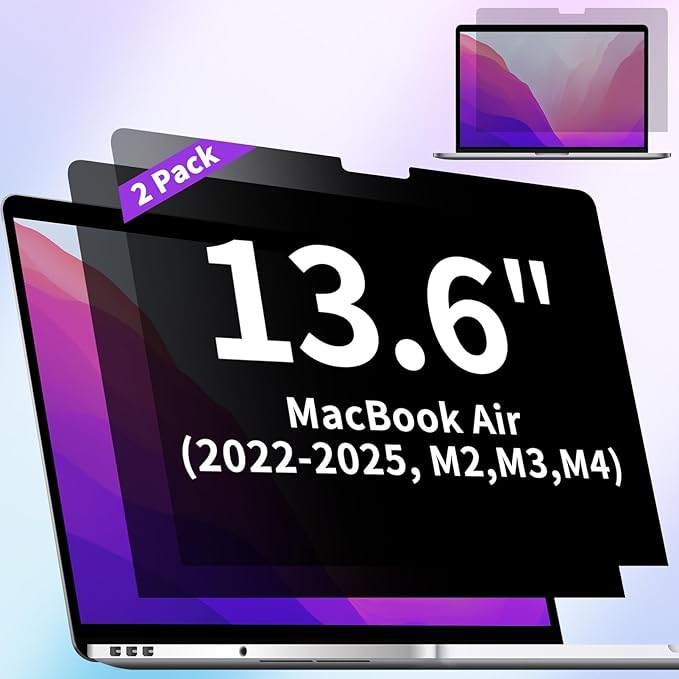 2-Pack Privacy Screen Protector for MacBook Air 13.6 Inch (2022-2025, M2, M3, M4) – Matte Laptop Privacy Screen Anti Blue Light Glare Filter for Models A2681 A3113 A3240