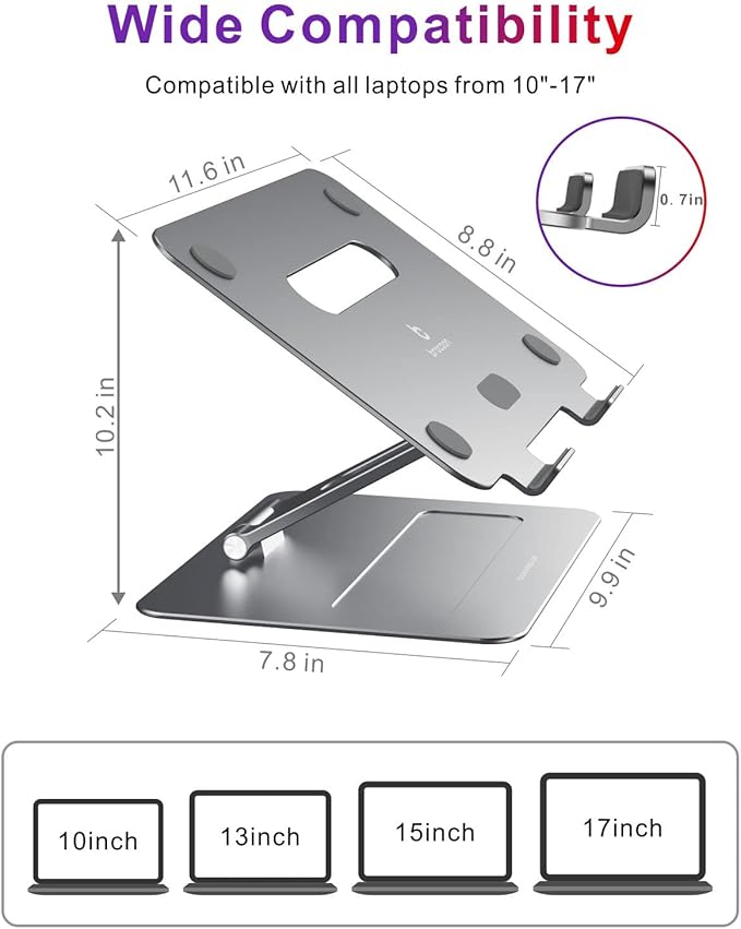 Adjustable MacBook Stand for Desk | Ergonomic Aluminum Laptop Riser with Heat-Vent, Compatible for 10-17" Laptops, Space Grey