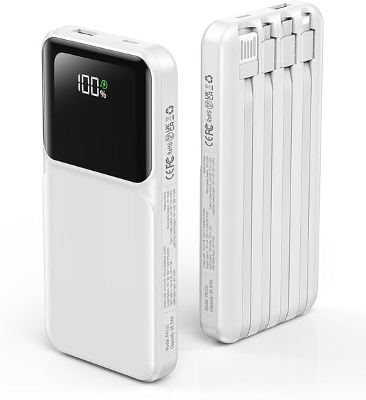 Portable Charger with Built in Cable - Power Bank Fast Charging USB C LED Display 10000mah Battery Pack 5 Outputs & 3 Inputs for Travel Essentials iPhone Samsung Android Phones Tablets White